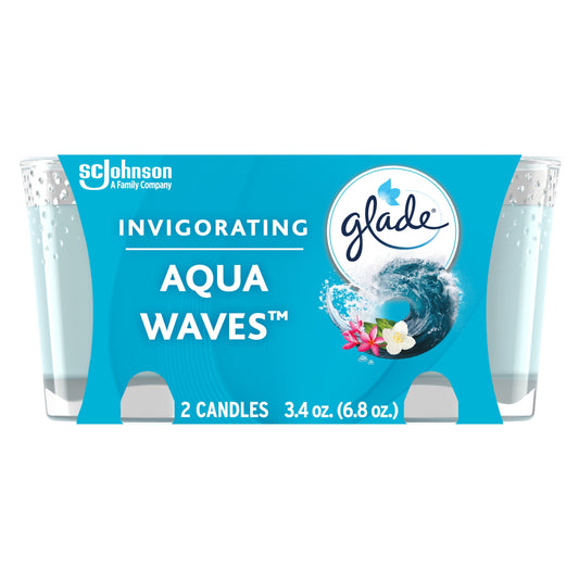 Glade Candle Aqua Waves Scent, 1-Wick, 3.4 oz (96.3 g) Each, 2 Counts, Fragrance Infused with Essential Oils, Notes of Sea Salt, Island Flowers, Ocean Air, Lead-Free Wick Scented Candles