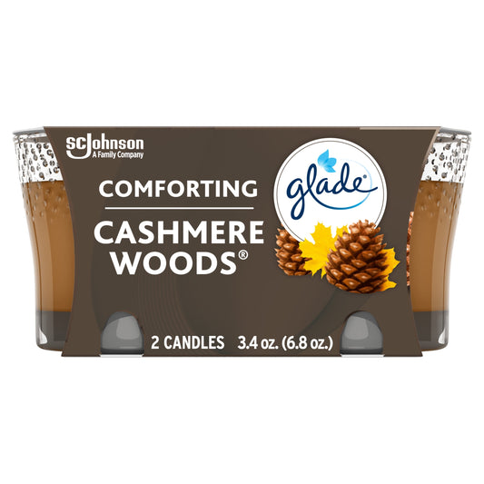 Glade Jar Candle 2 ct, Cashmere Woods, 6.8 oz. Total, Air Freshener, Wax Infused with Essential Oils