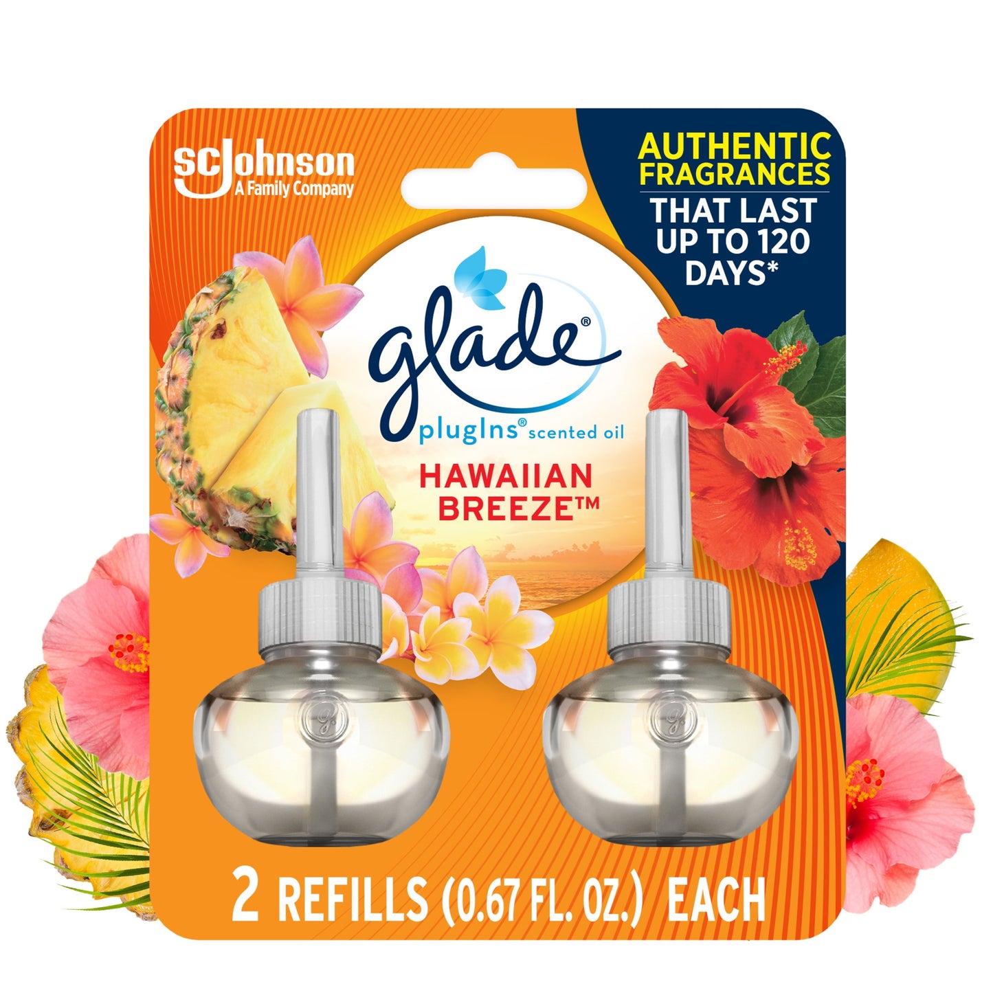 Glade PlugIns Refill 2 ct, Hawaiian Breeze, 1.34 FL. oz. Total, Scented Oil Air Freshener Infused with Essential Oils