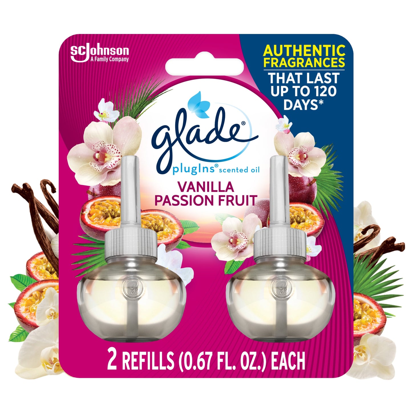 Glade PlugIns Refill 2 ct, Vanilla Passion Fruit, 1.34 FL. oz. Total, Scented Oil Air Freshener Infused with Essential Oils