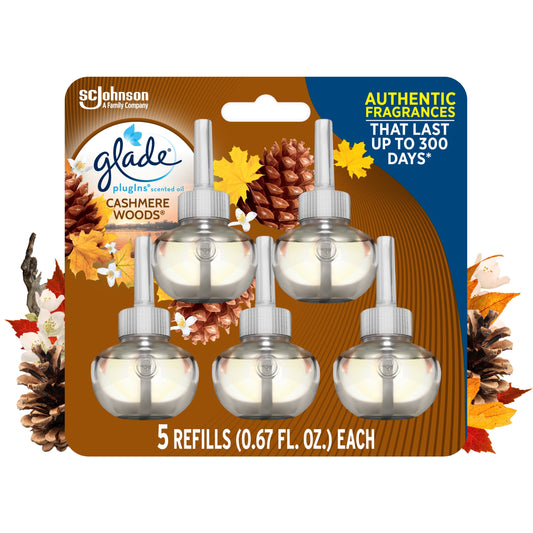 Glade PlugIns Refill 5 ct, Cashmere Woods, 3.35 FL. oz. Total, Scented Oil Air Freshener Infused with Essential Oils