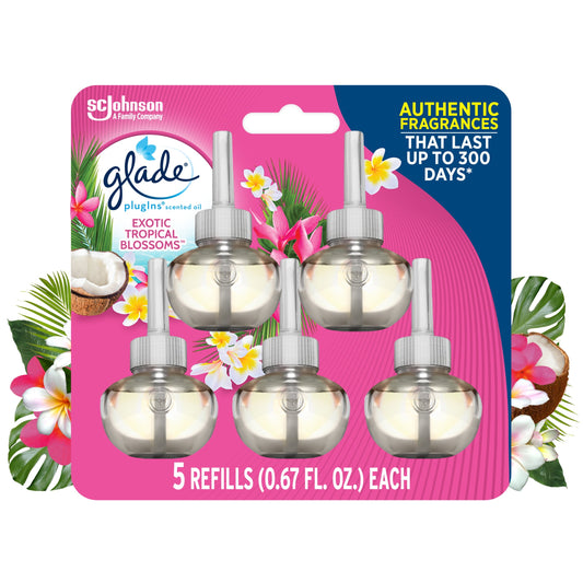 Glade PlugIns Refill 5 ct, Exotic Tropical Blossoms, 3.35 FL. oz. Total, Scented Oil Air Freshener Infused with Essential Oils