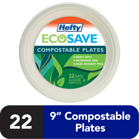 Hefty ECOSAVE Compostable Paper Plates, 8-3/4 inch, 22 Count