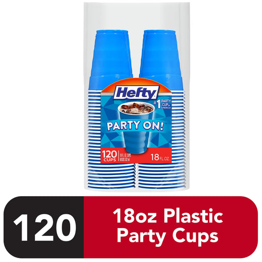 Hefty Party On Disposable Plastic Cups, Blue, 18 Ounce, 120 Count