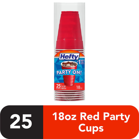 Hefty Party On Disposable Plastic Cups, Red, 18 Ounce, 25 Count