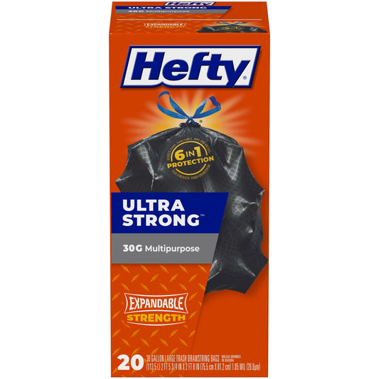 Hefty Ultra Strong Multipurpose Large Trash Bags, Black, Unscented Scent, 30 Gallon, 20 Count