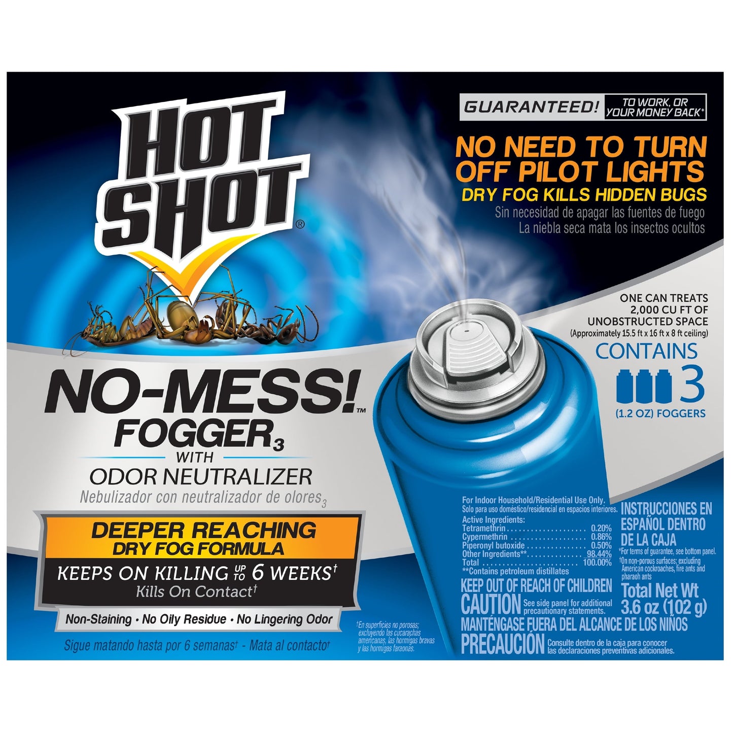 Hot Shot No-Mess! Fogger W/Odor Neutralizer 1.2oz Cans, 3 Pack, Kills Bugs