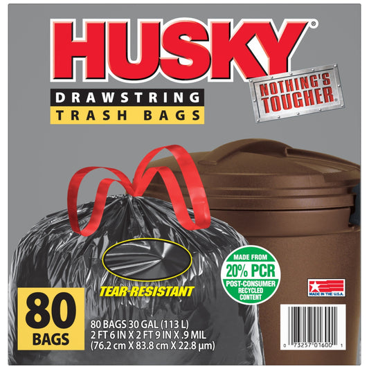 Husky Large Trash Bags, 30 Gallon, 80 Black Bags (Unscented, Tear-Resistant, Drawstring, 20% PCR)