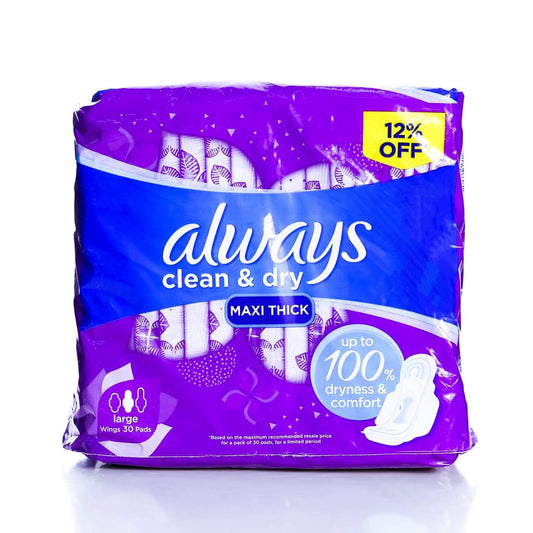 ALWAYS SANITARY PAD CLEAN AND DRY MAXI THICK LARGE WINGS 30