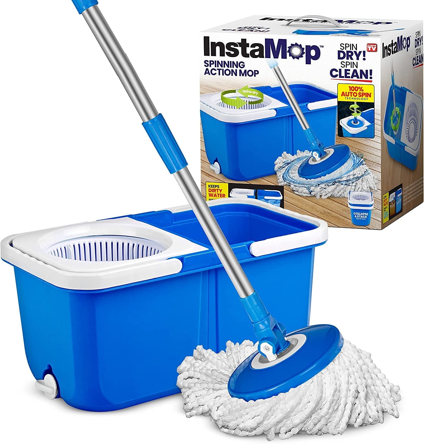 Insta Mop Spin Mop and Bucket with Wringer Set Microfiber Mop Head Washer Machine Safe As Seen On TV