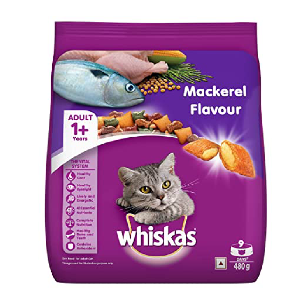 WHISKAS CAT FOOD ADULT MACKEREL 1+YEAR 480 GM