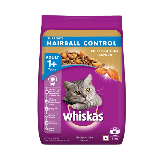 WHISKAS CAT FOOD ADULT CHICKEN TUNA & HAIRBALL 1+YEAR 1.1 KG