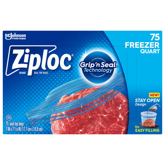 Ziploc® Brand Freezer Bags with New Stay Open Design, Quart, 75, Patented Stand-up Bottom, Easy to Fill Freezer Bag, Unloc a Free Set of Hands in the Kitchen, Microwave Safe, BPA Free