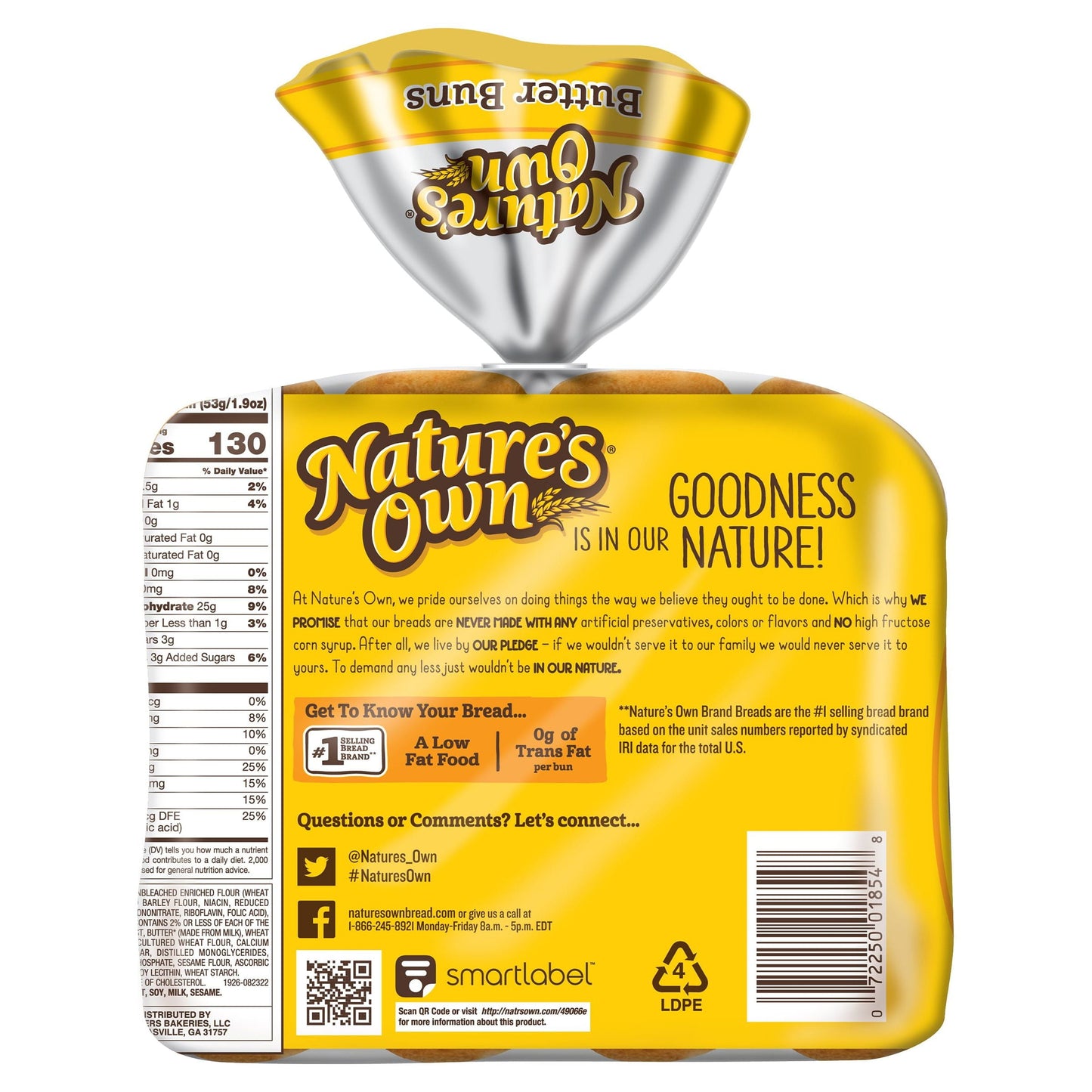 Nature's Own Hot Dog Butter Buns, 15 oz, 8 Count