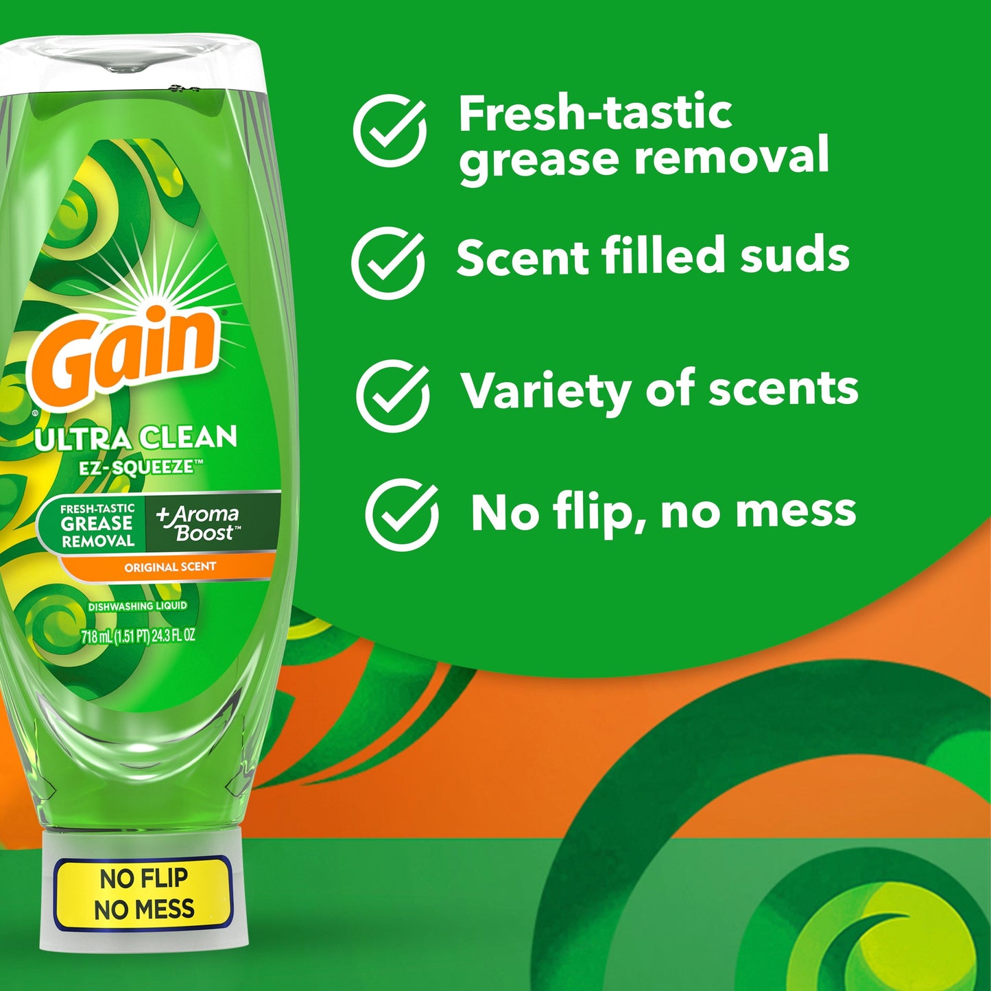 Gain EZ-Squeeze Dishwashing Liquid Dish Soap, Original Scent, 24.30 fl oz