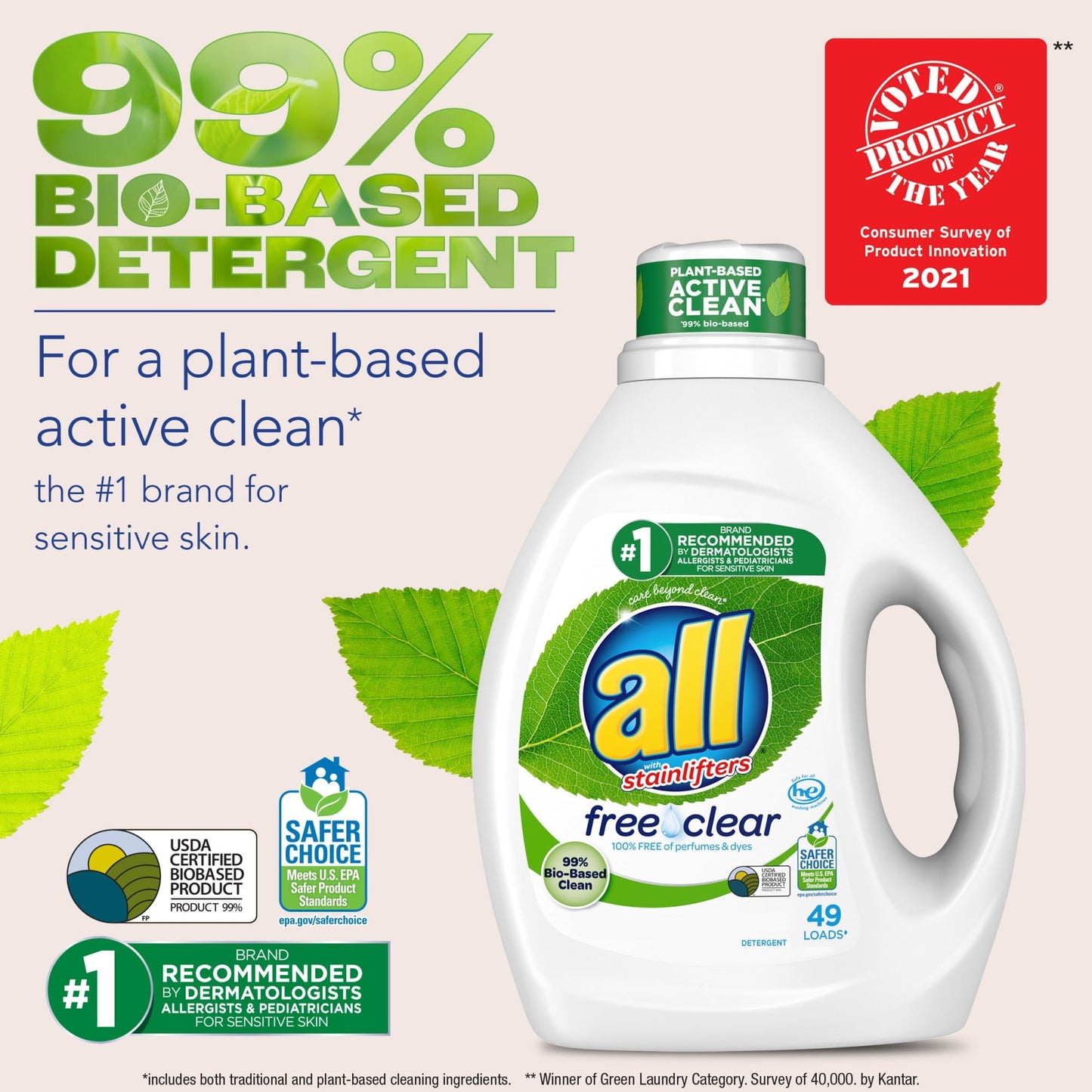 all Liquid Laundry Detergent, Free Clear Eco 99% Bio Based, 88 Ounce, 49 Total Loads