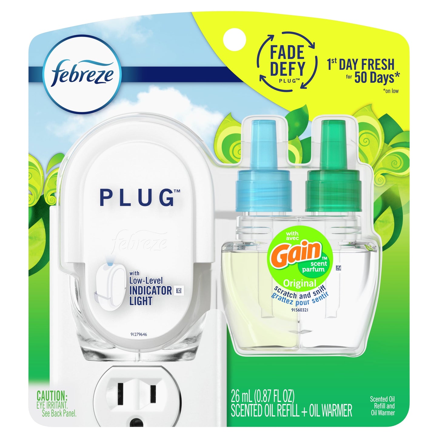 Febreze Fade Defy Plug Air Freshener & Odor Fighter Starter Kit Gain Scent  0.87 fl. oz. Oil Refill