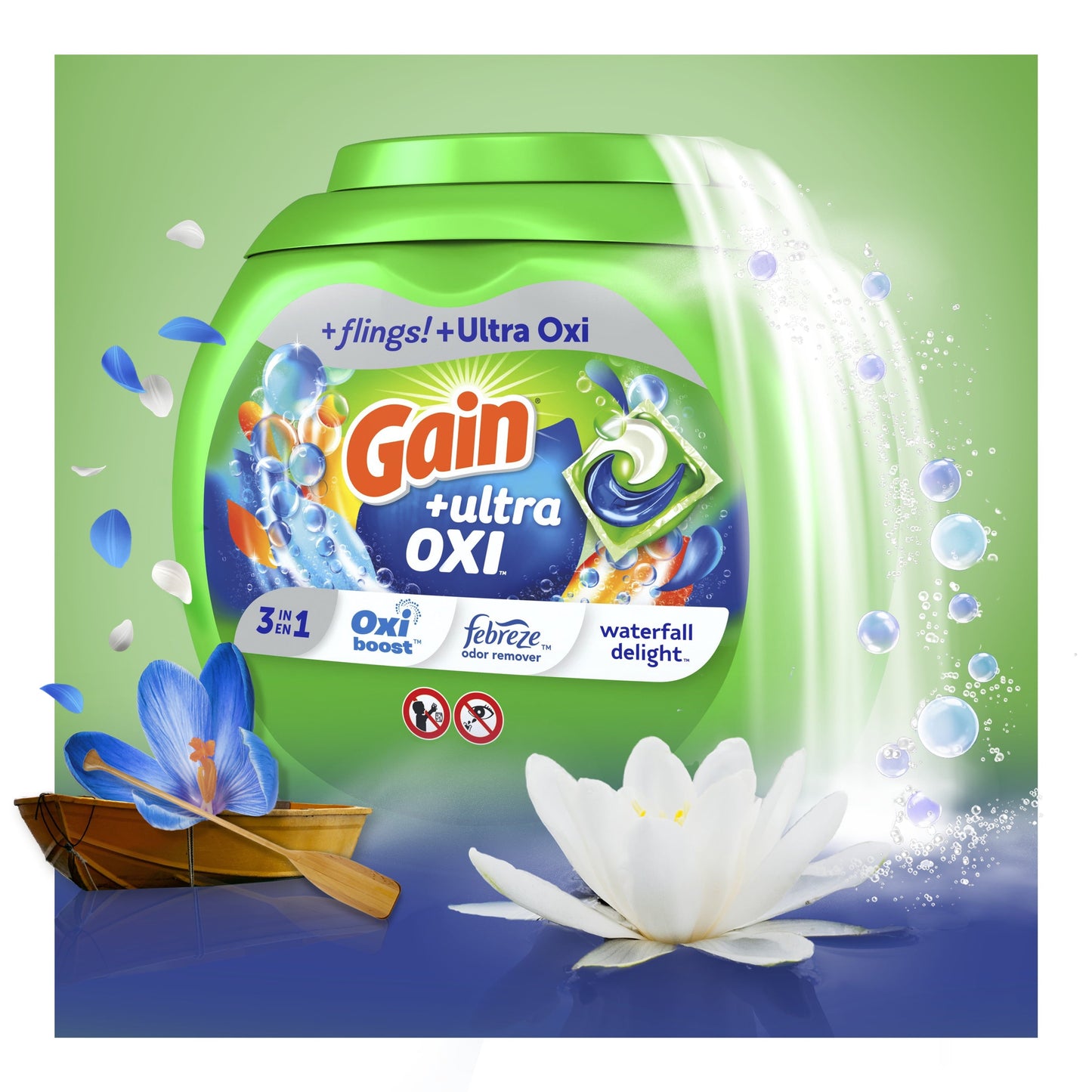 Gain Flings Ultra Oxi Laundry Detergent Pacs 112 Ct Waterfall Delight