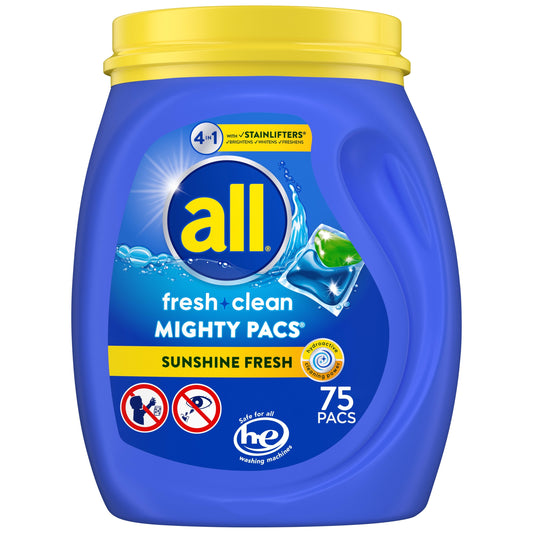 all Mighty Pacs Laundry Detergent Pacs, Fresh Clean 4 in 1 with Stainlifters, Sunshine Fresh, 75 Count