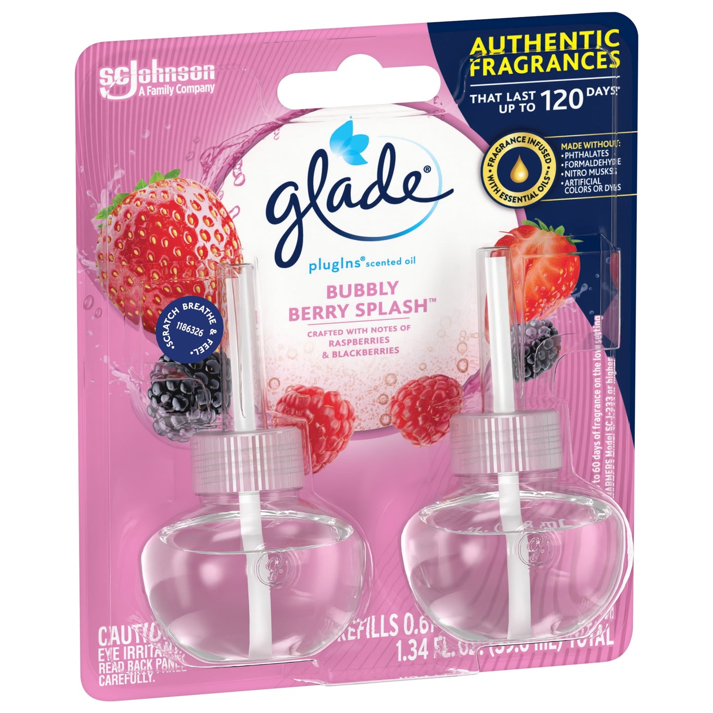 Glade PlugIns Scented Oil 2 Refills, Air Freshener, Bubbly Berry Splash, 2 x 1.34 oz