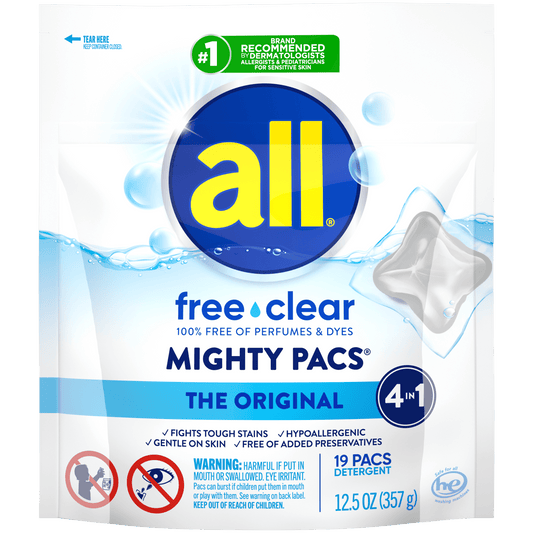 all Mighty Pacs Laundry Detergent Pacs, Free Clear for Sensitive Skin, Unscented and Dye Free, 19 Count