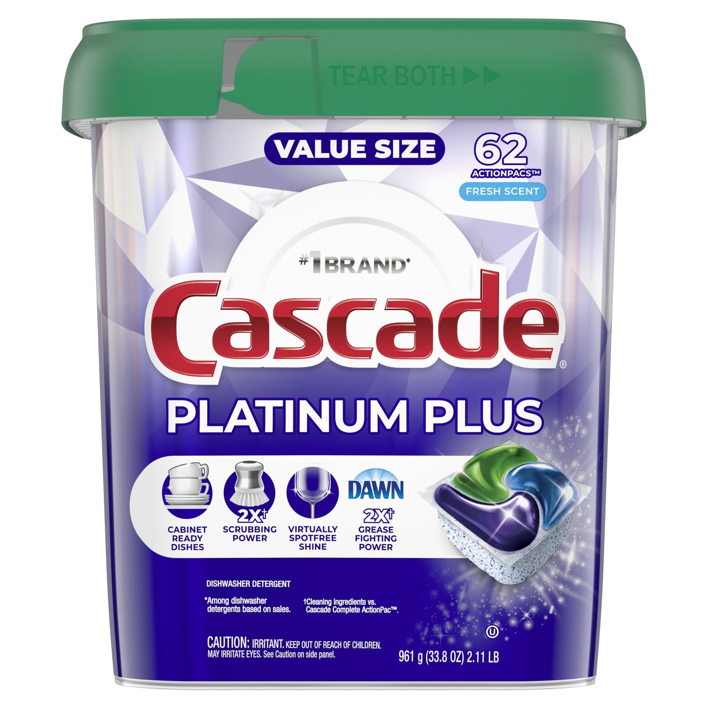 Cascade Platinum Plus Dishwasher Detergent Pacs, Fresh, 62 Count