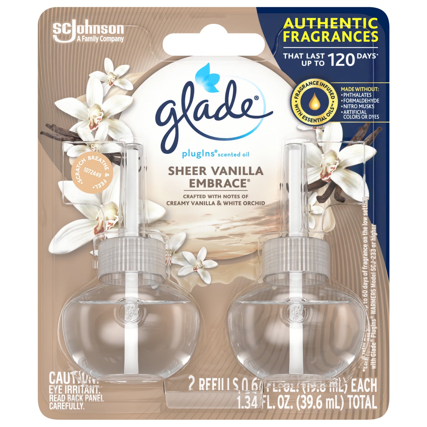 Glade PlugIns Refill 2 ct, Sheer Vanilla Embrace, 1.34 FL. oz. Total,  Scented Oil Air Freshener Infused with Essential Oils