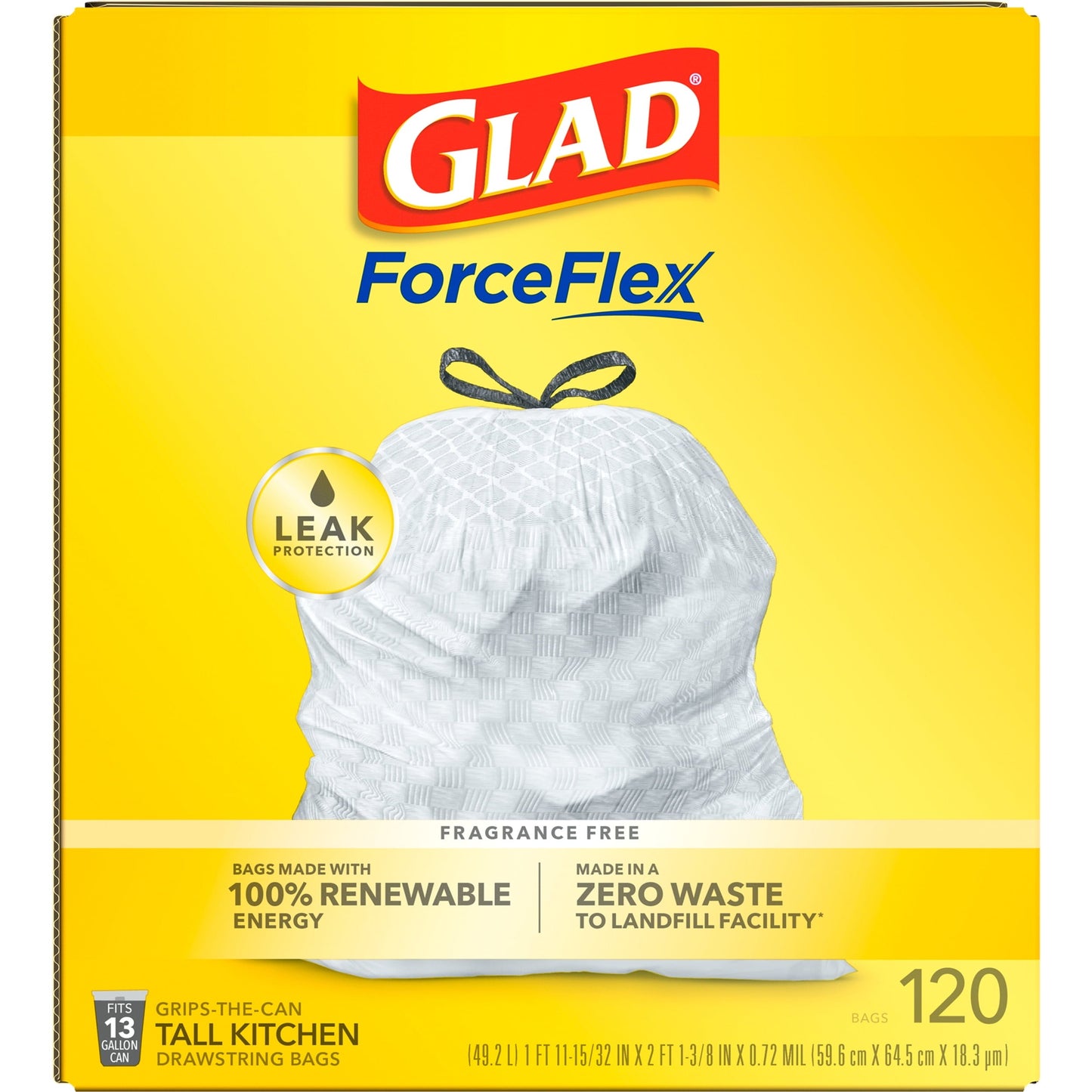 Glad ForceFlex 13 Gallon Tall Kitchen Trash Bags, Unscented, 120 Bags