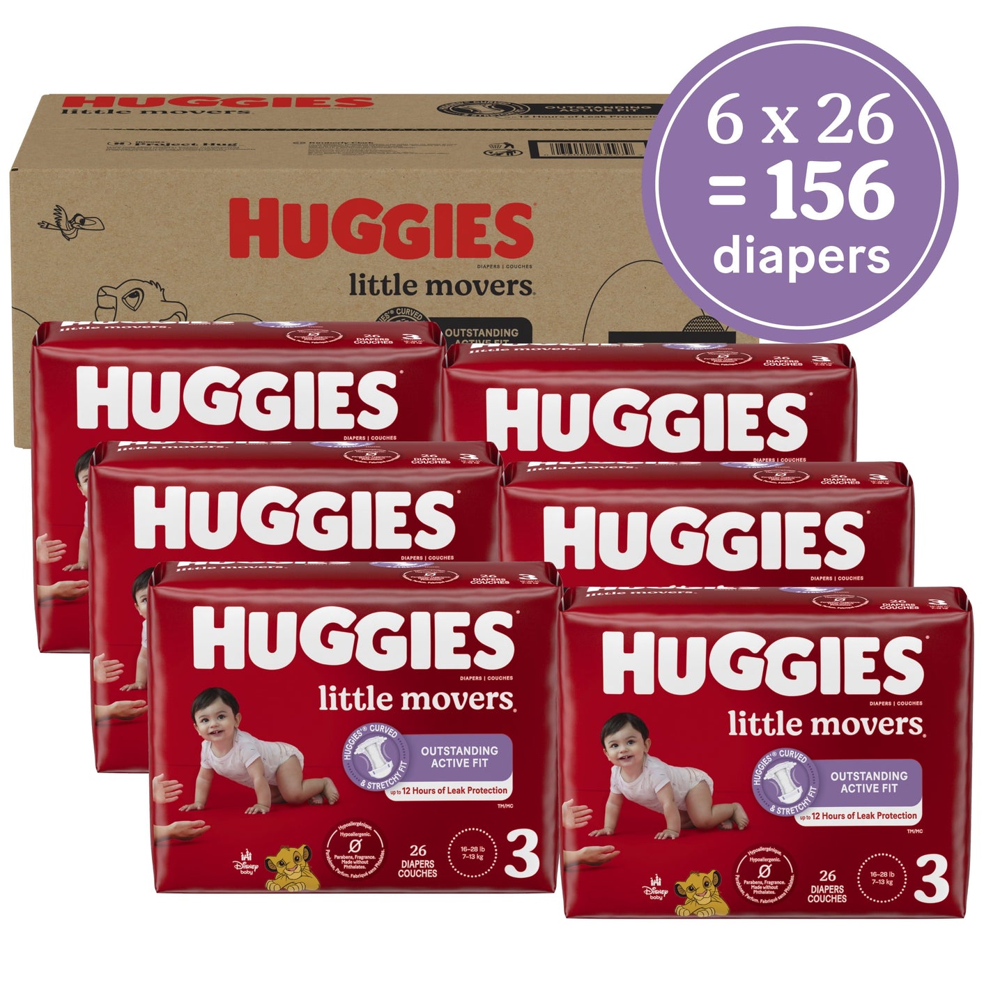 Huggies Little Movers Baby Diapers, Size 3, 156 Ct