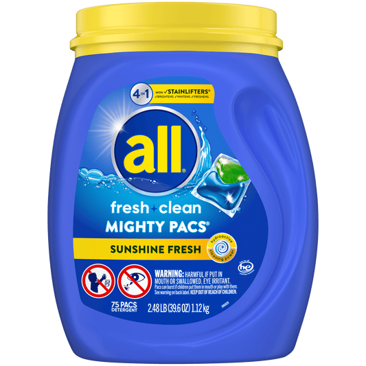 all Mighty Pacs Laundry Detergent Pacs, Fresh Clean 4 in 1 with Stainlifters, Sunshine Fresh, 75 Count