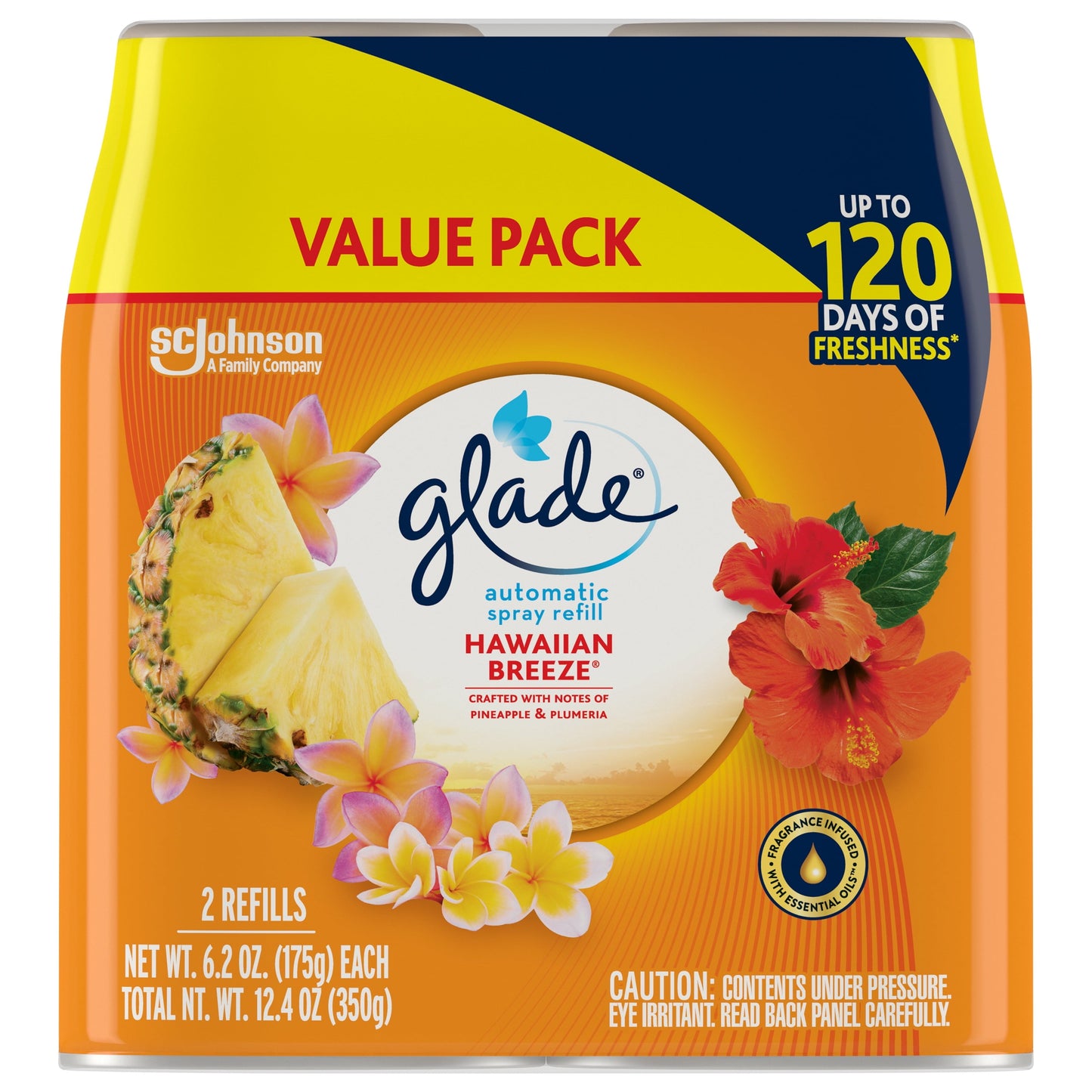 Glade Automatic Spray Refill 2 CT, Hawaiian Breeze, 12.4 OZ. Total, Air Freshener Infused with Essential Oils