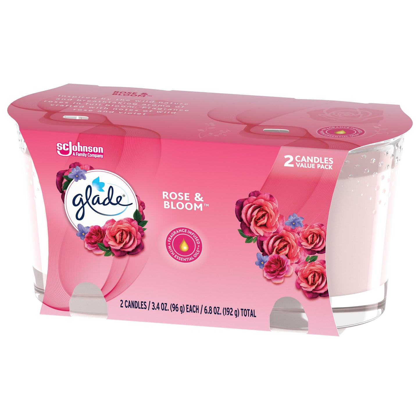 Glade Small Candle, Scented Candles, Rose & Bloom, 2 x 3.4 oz