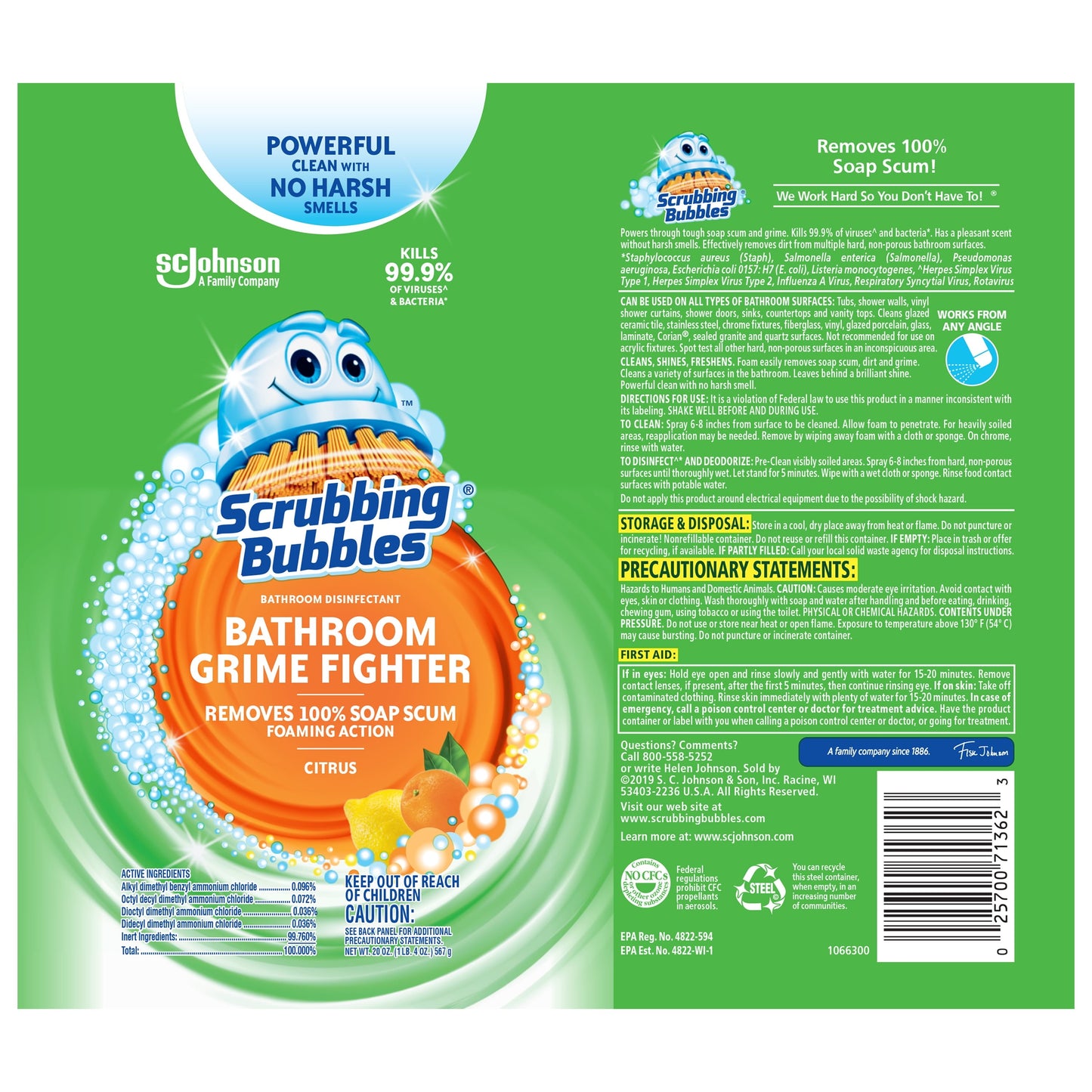 Scrubbing Bubbles Bathroom Grime Fighter Aerosol, Disinfectant Spray; Effective Tile, Bathtub, Shower and Overall Bathroom Cleaner (1 Aerosol Spray), Citrus, 20 Oz