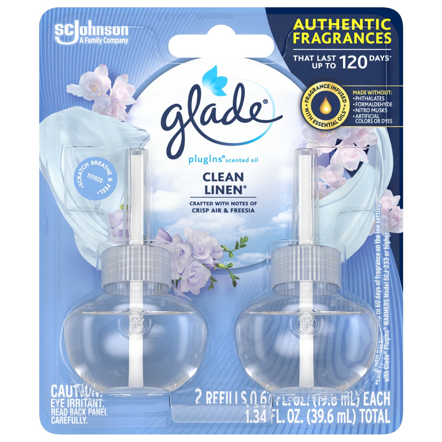 Glade PlugIns Refill 2 ct, Clean Linen, 1.34 FL. oz. Total, Scented Oil Air Freshener Infused with Essential Oils