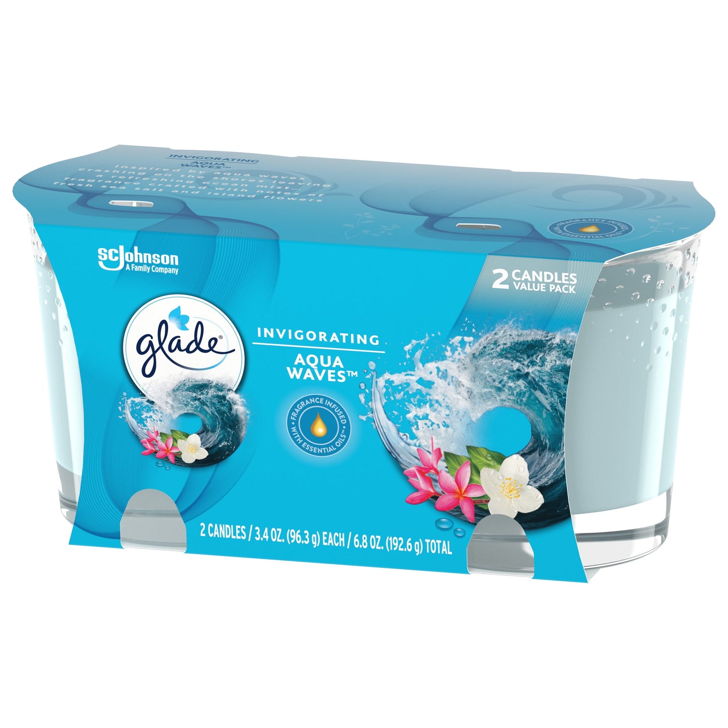 Glade Candle Aqua Waves Scent, 1-Wick, 3.4 oz (96.3 g) Each, 2 Counts, Fragrance Infused with Essential Oils, Notes of Sea Salt, Island Flowers, Ocean Air, Lead-Free Wick Scented Candles