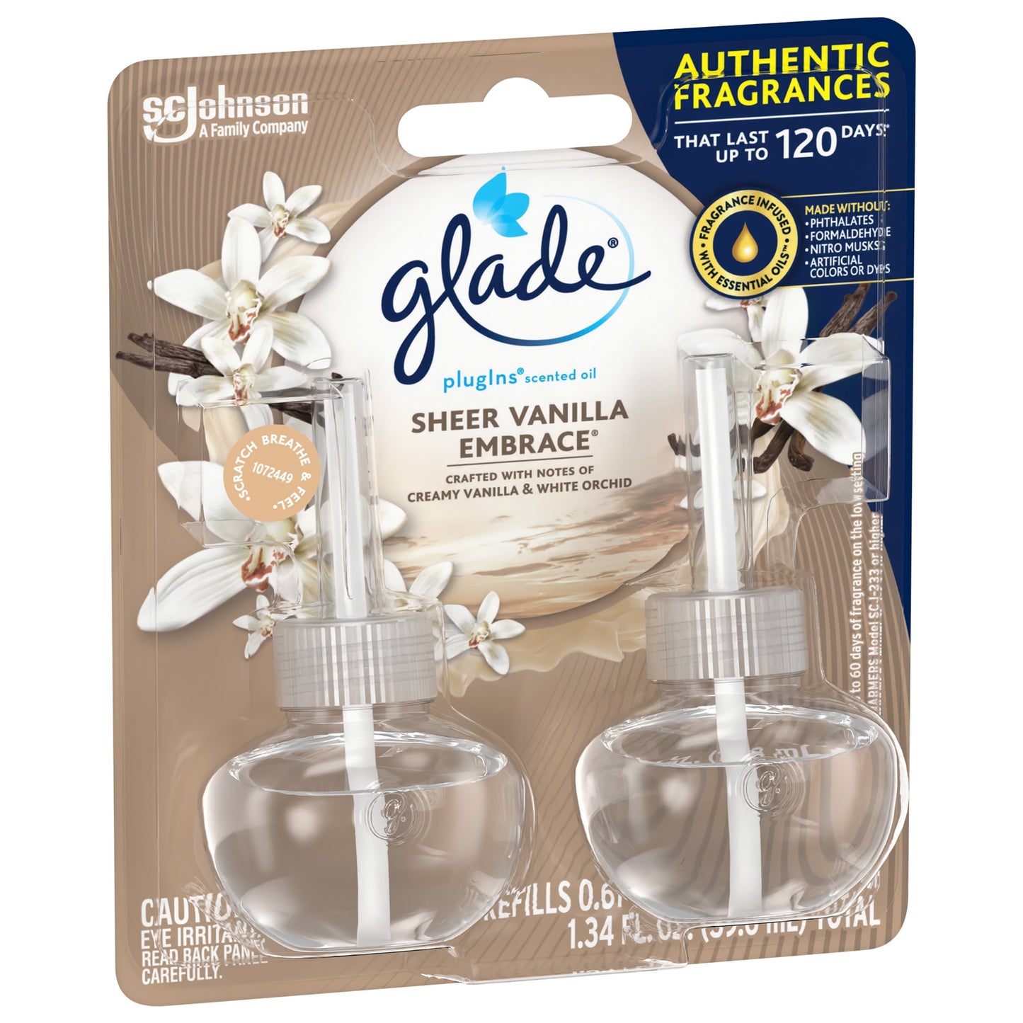 Glade PlugIns Refill 2 ct, Sheer Vanilla Embrace, 1.34 FL. oz. Total,  Scented Oil Air Freshener Infused with Essential Oils