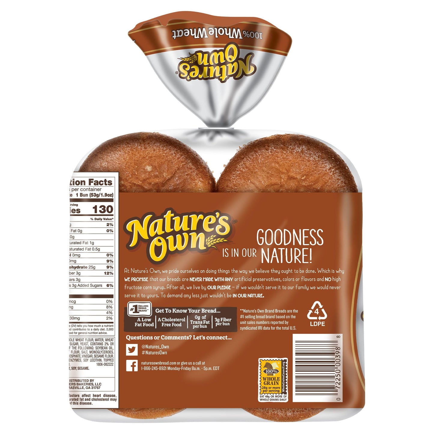 Nature's Own 100% Whole Wheat Hamburger Buns, 15 oz, 8 Count