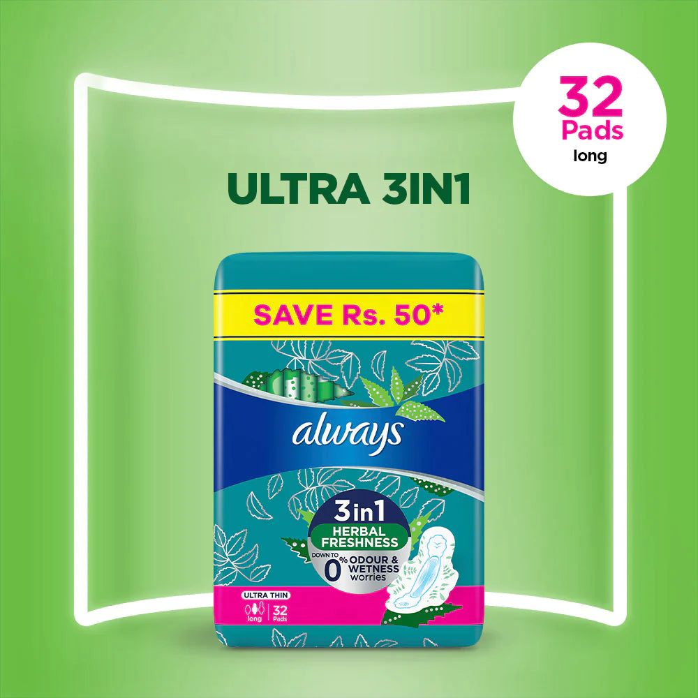 ALWAYS ULTRA PADS 3 PACK WITH  1 PACK FREE 32PCS